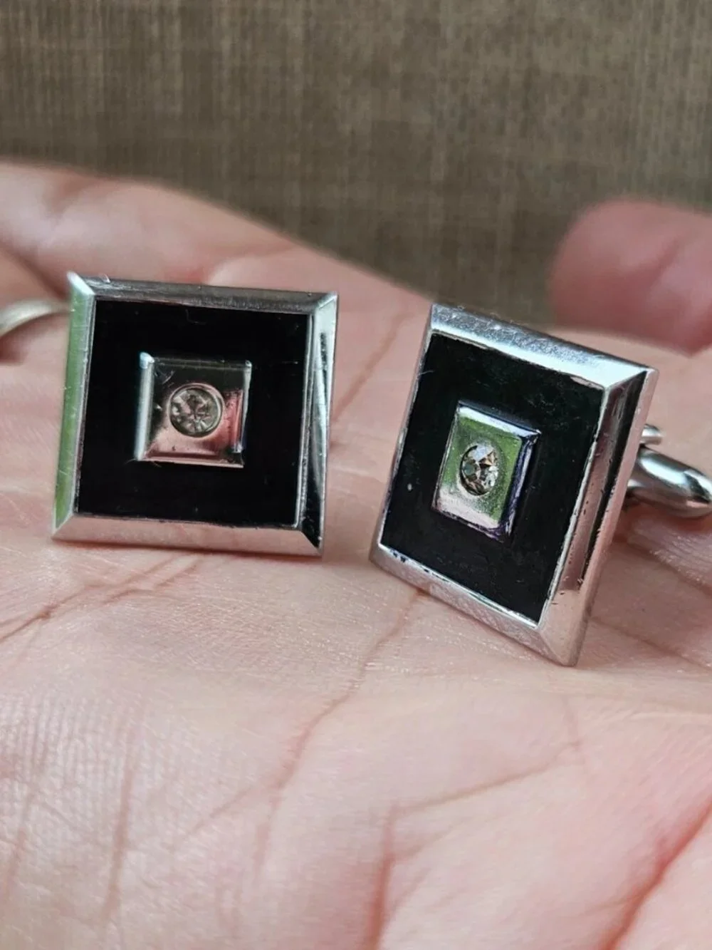 Vintage Swank Cufflinks Black/Silver Tone Metal Square Cuff Links Crystal Accent